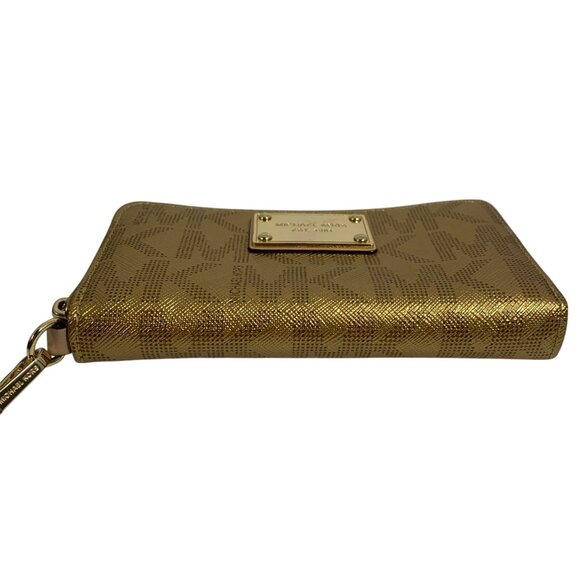 MICHAEL KORS MK Logo Gold Leather Zip Around Jet Set Wallet Wristlet Clutch - Picture 2 of 10